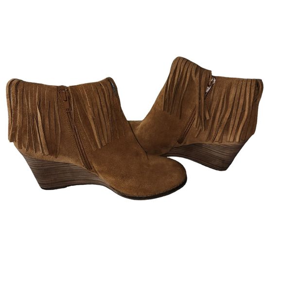 Lucky Brand Yachin Brown Suede  Wedge Ankle‎ Fringe Bootie Women's Size 8.5 - Picture 3 of 4
